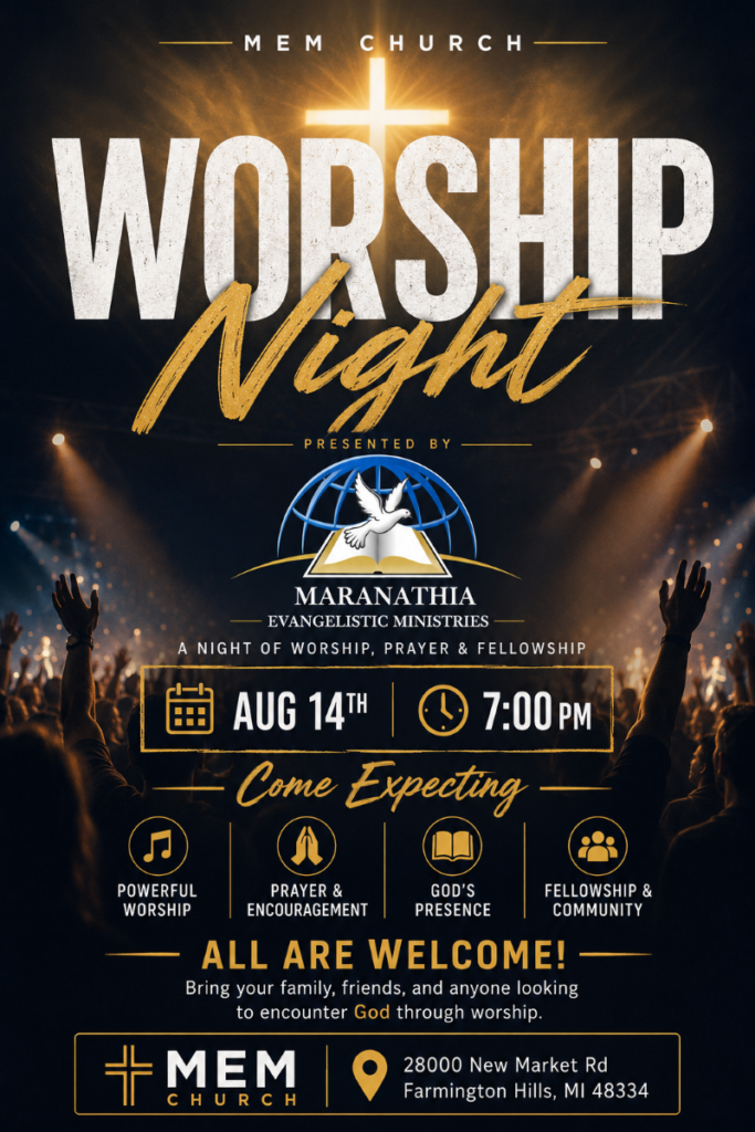 MEM Church Worship Night flyer for August 14 at 7:00 PM